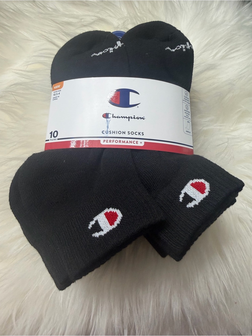 Champion Kids Black Ankle Cushion Socks with White & Red Logo - 10 Pack